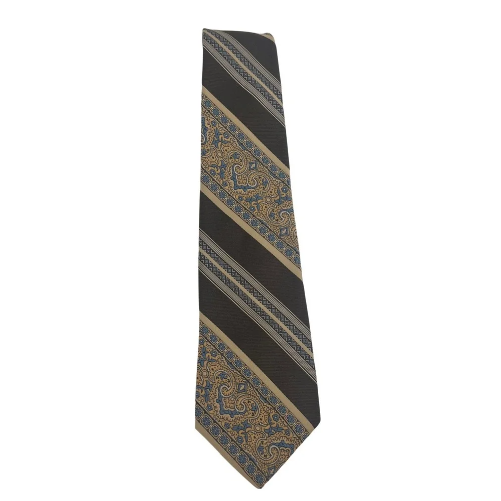VTG Don Loper MCM Brown Peach Blue Floral Paisley Striped Beverly Hills Tie 70's